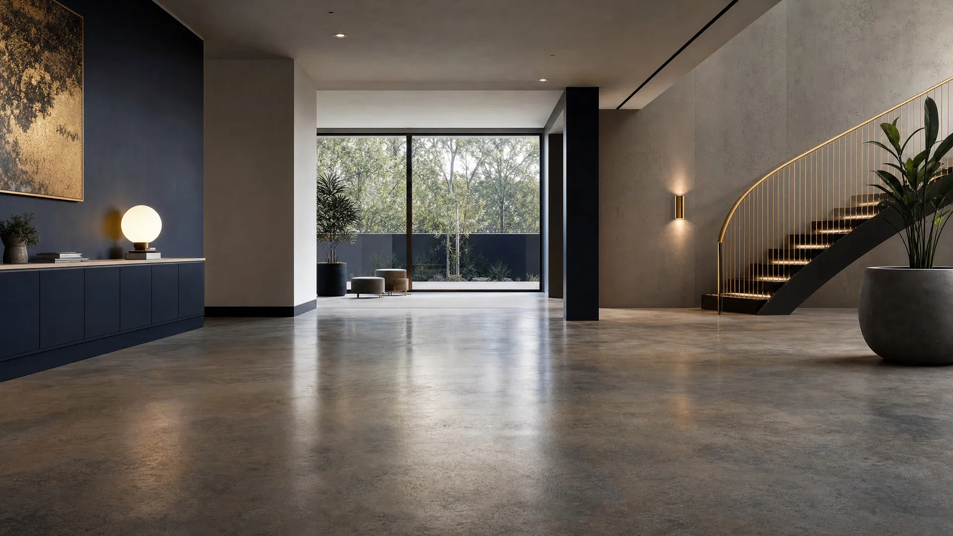 Luxury interior with polished concrete flooring